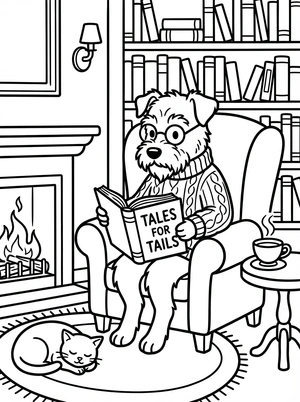 Hond met een boek in de bibliotheek kleurplaat