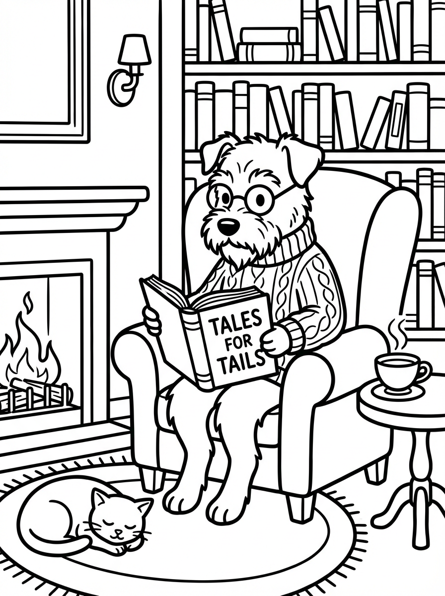 Hond kleurplaat van een hond die een boek leest in de bibliotheek, om in te kleuren kleurplaat