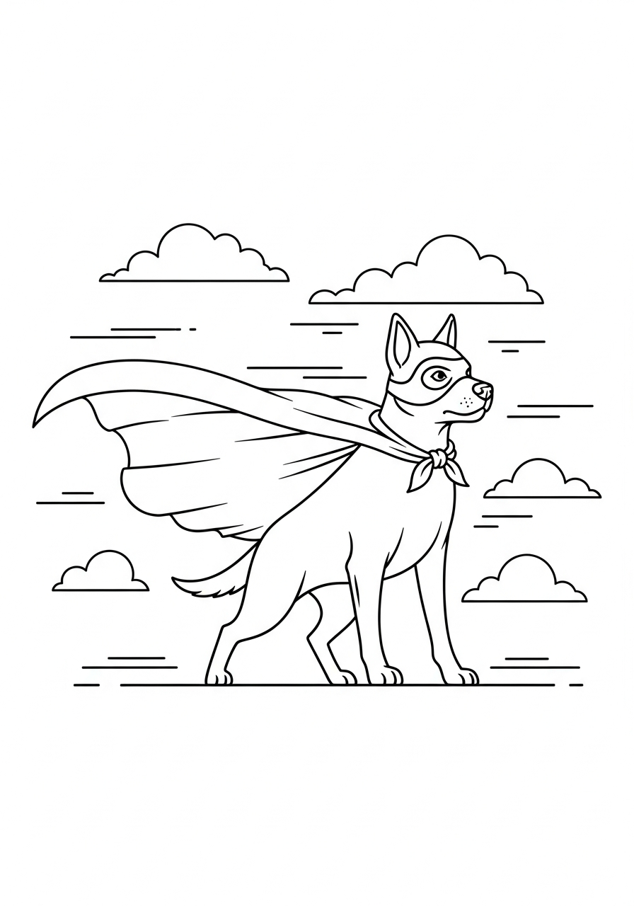 Hond kleurplaat van een hond met cape die wappert in de wind, om in te kleuren.