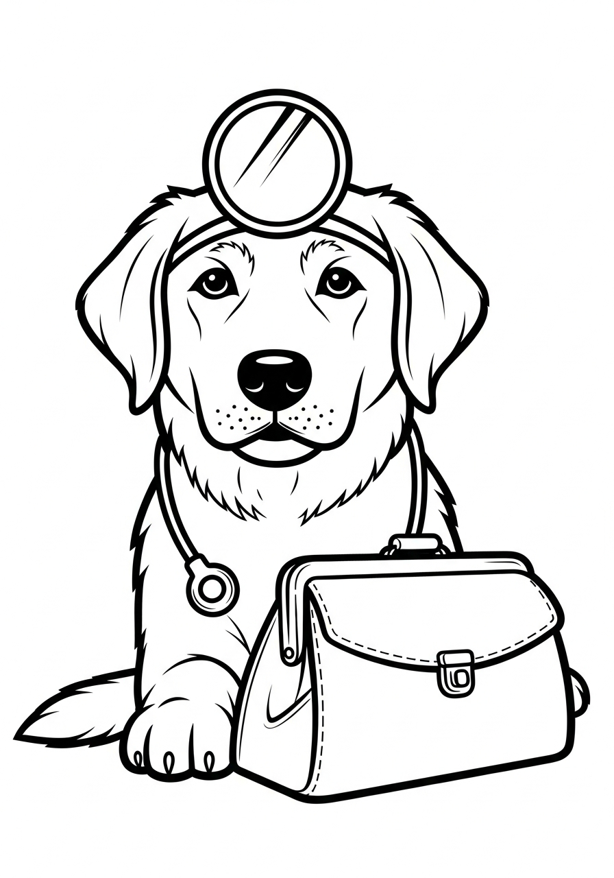 Hond kleurplaat van een hond met een dokterstas, kindvriendelijk om in te kleuren.