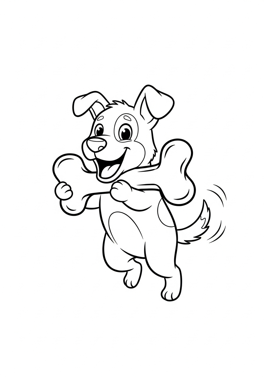 Hond kleurplaat van een hond die blij is met een grote kluif, klaar om in te kleuren kleurplaat