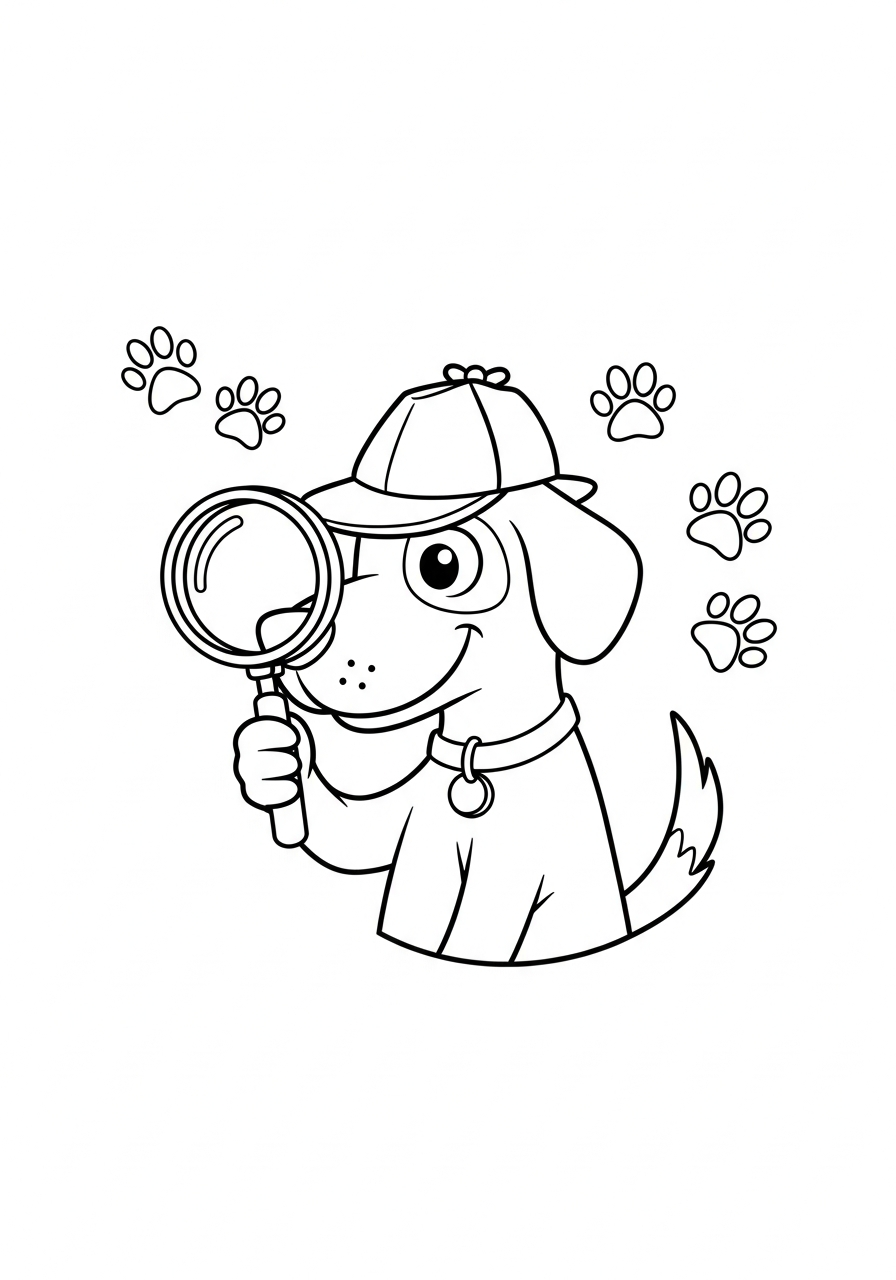 Hond kleurplaat van een hond als detective met hoed en vergrootglas, om in te kleuren.