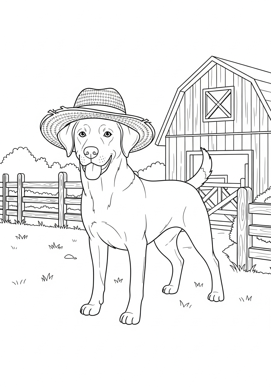 Hond kleurplaat van een hond met boerderijhoed bij een schuur, om in te kleuren kleurplaat