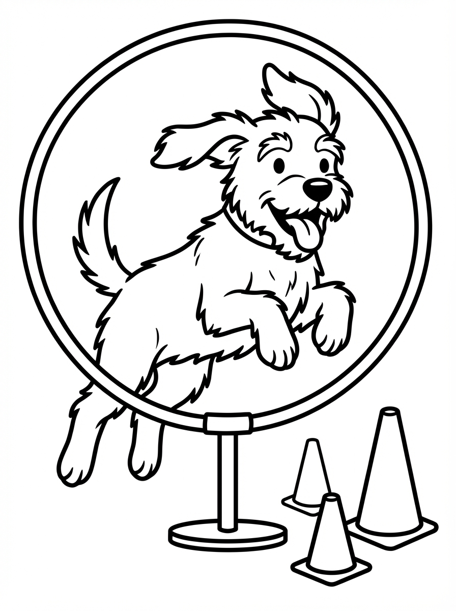 Hond kleurplaat van een hond die door een agility-hoepel springt, om in te kleuren kleurplaat