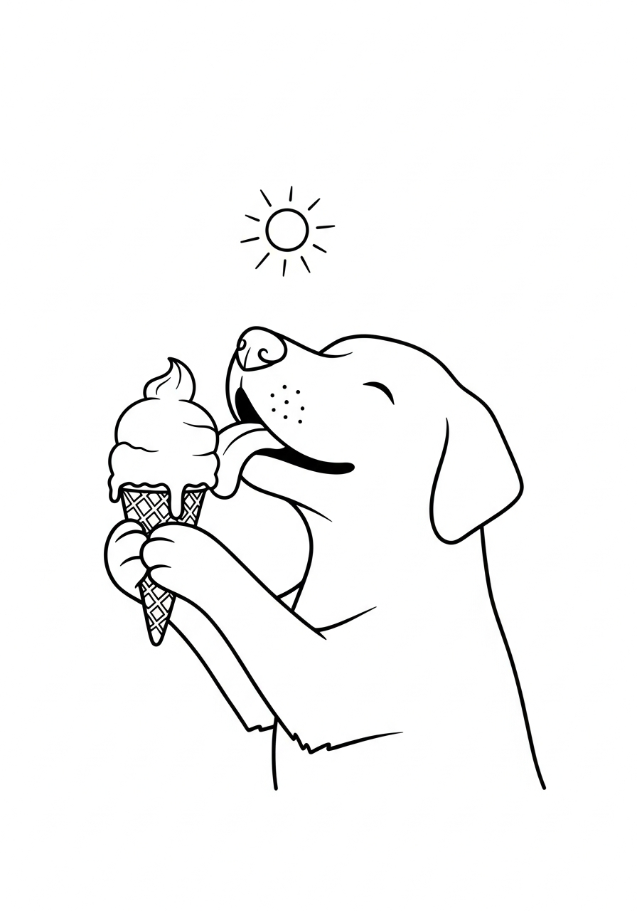 Hond kleurplaat van een hond met een ijsje, zomers en leuk om in te kleuren kleurplaat