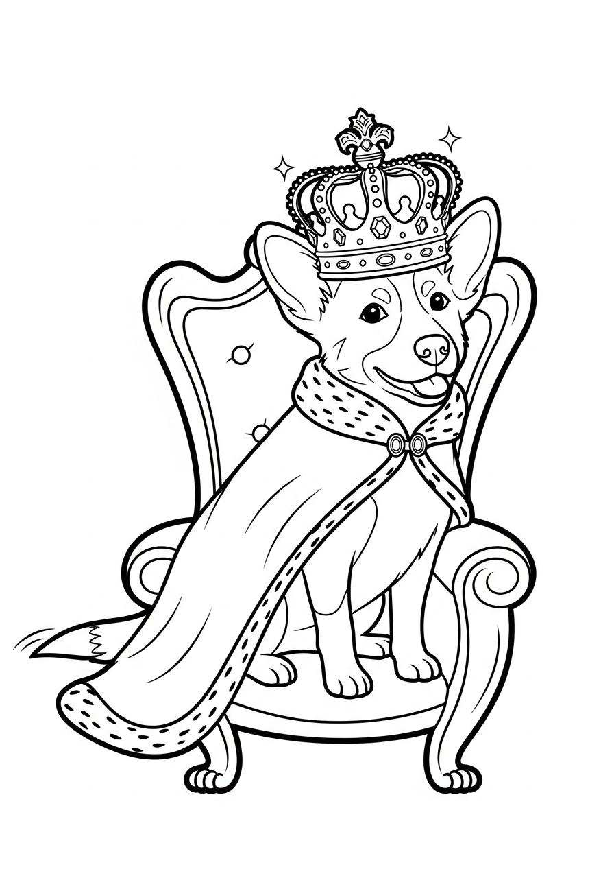 Hond kleurplaat van een hond met een kroon en mantel, koninklijk om in te kleuren kleurplaat