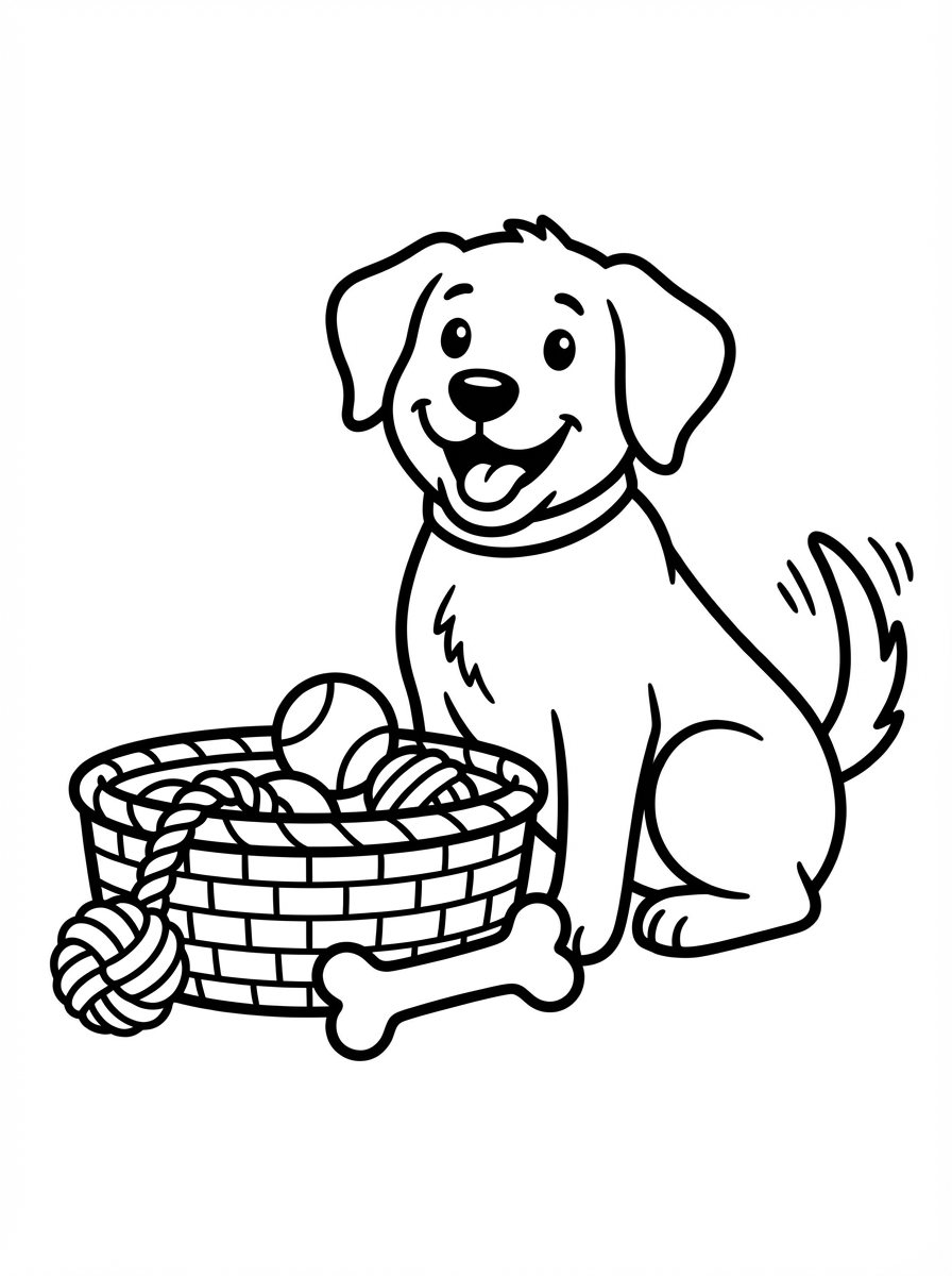 Hond kleurplaat van een hond naast een mand vol speeltjes, om in te kleuren.