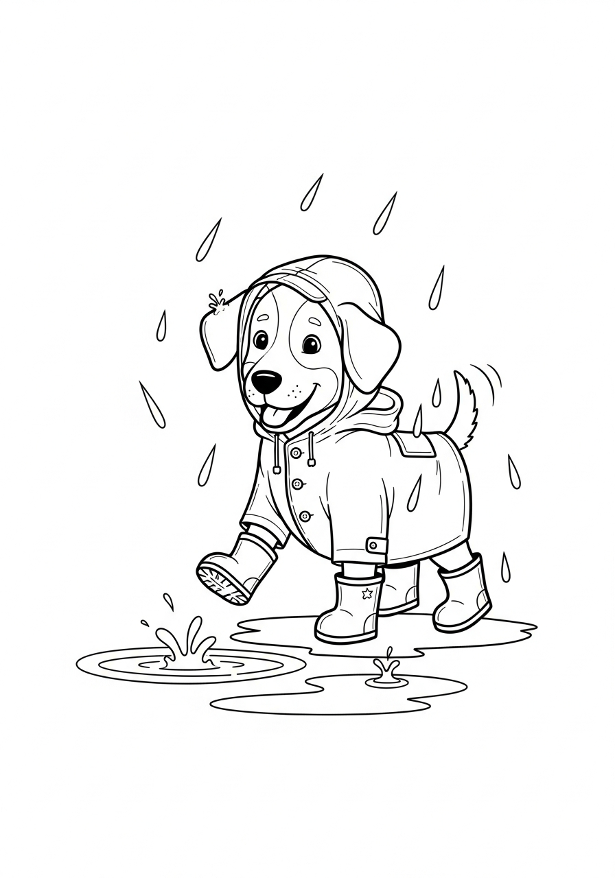 Hond kleurplaat van een hond met een regenjas en laarsjes, om in te kleuren kleurplaat