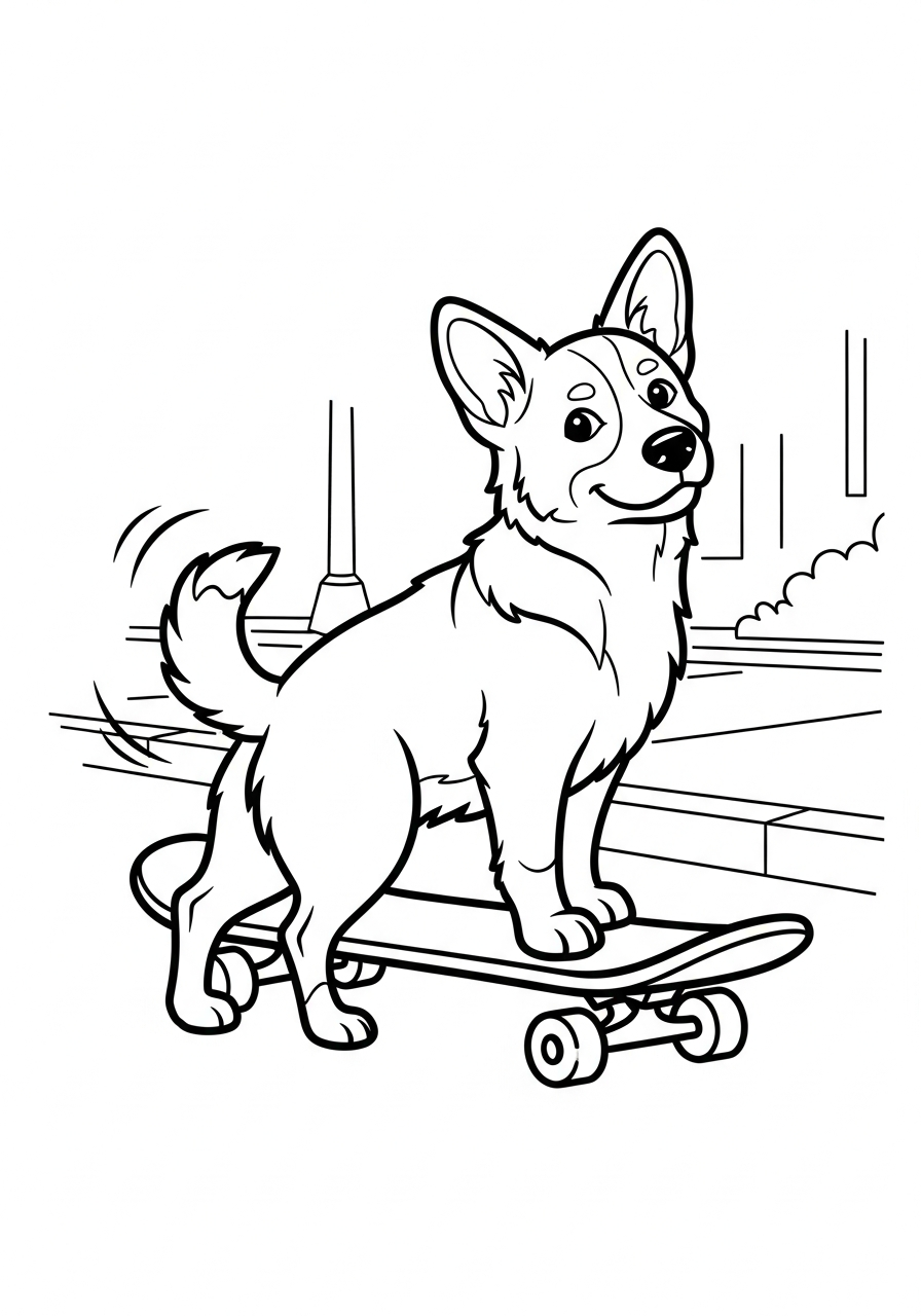 Hond kleurplaat van een hond met een skateboard, stoer en kindvriendelijk om in te kleuren.