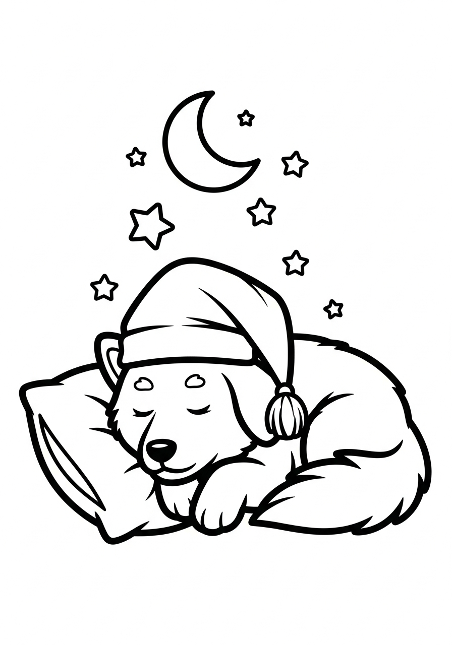 Hond kleurplaat van een hond met slaapmutsje en maan, om in te kleuren.