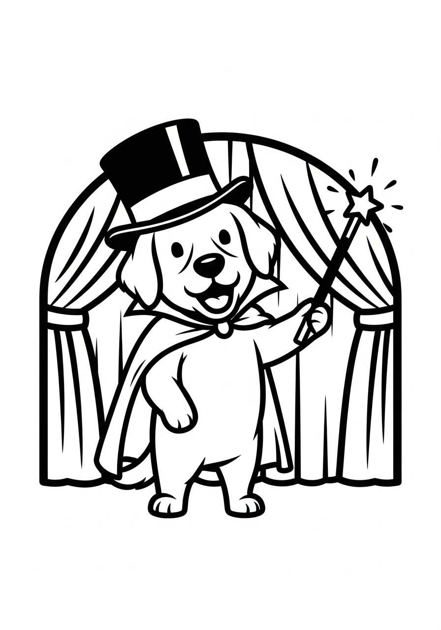 Hond kleurplaat van een hond als magiër met toverstaf en hoed, om in te kleuren kleurplaat