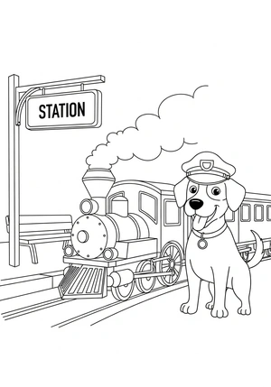 Hond met een treinconducteur pet kleurplaat