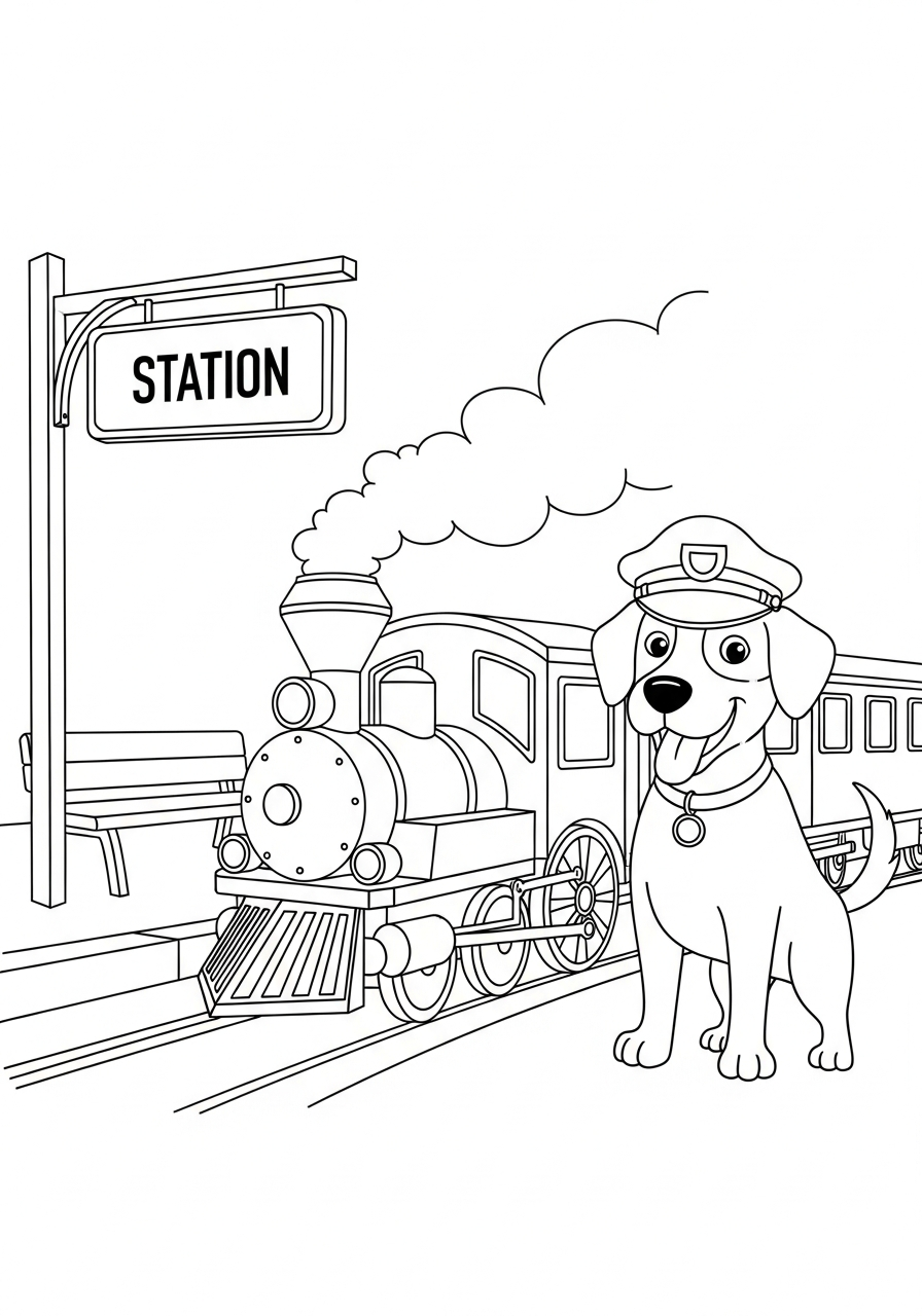 Hond kleurplaat van een hond als treinconducteur met pet, om in te kleuren.