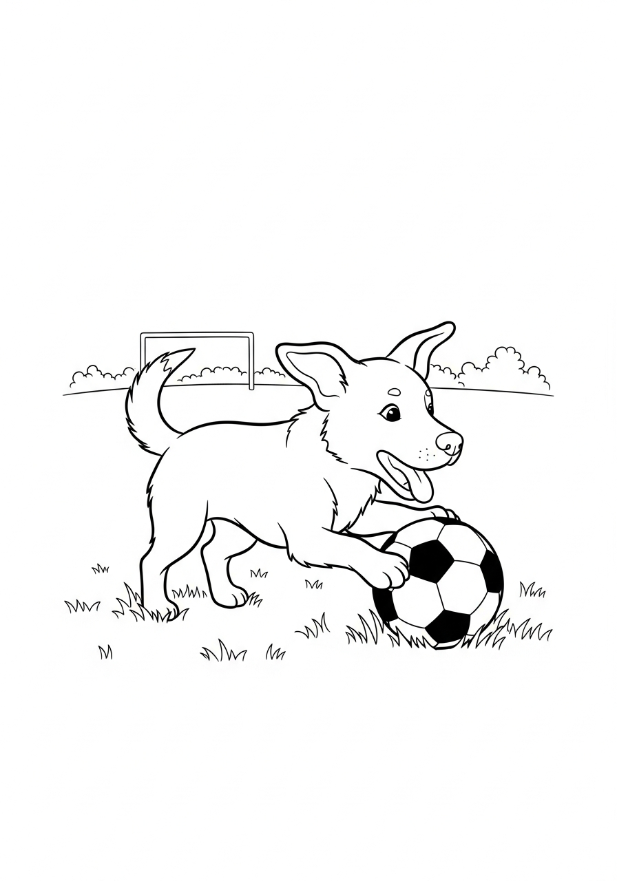 Hond kleurplaat van een hond met een voetbal op het gras, om in te kleuren kleurplaat