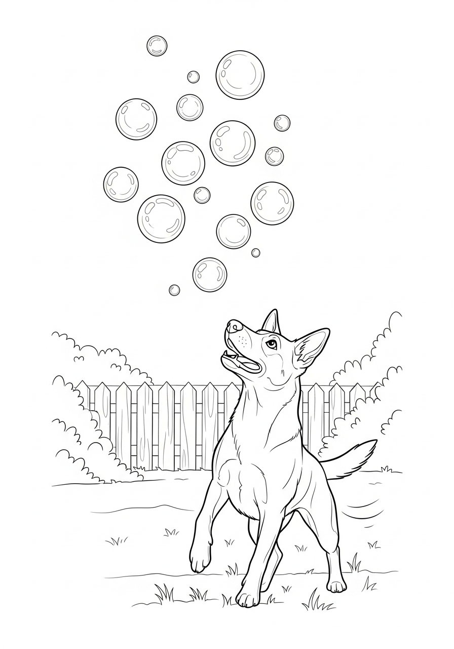 Hond kleurplaat van een hond die naar zeepbellen kijkt, om in te kleuren kleurplaat
