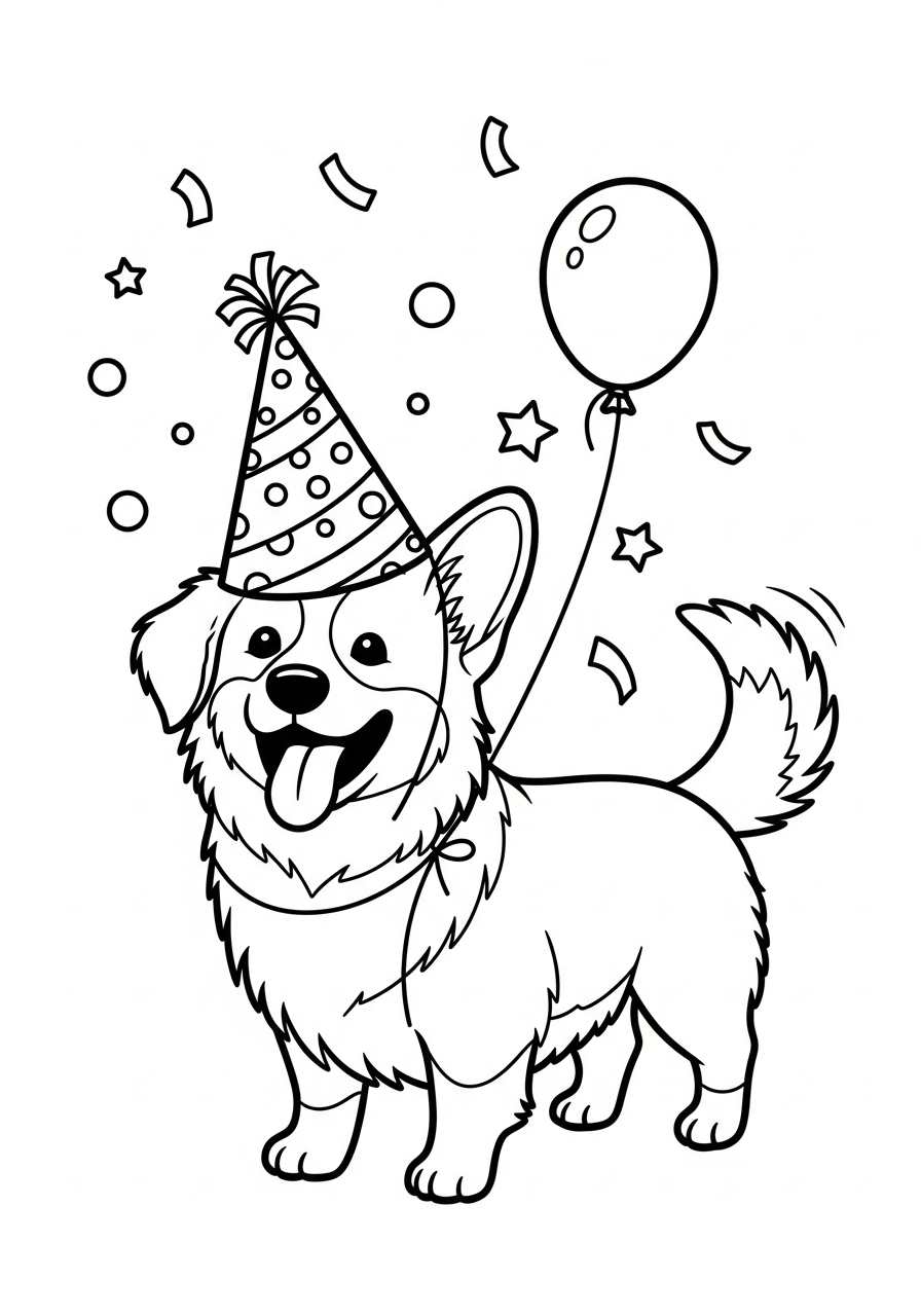 Hond kleurplaat van een hond met feesthoedje en confetti, leuk om in te kleuren.