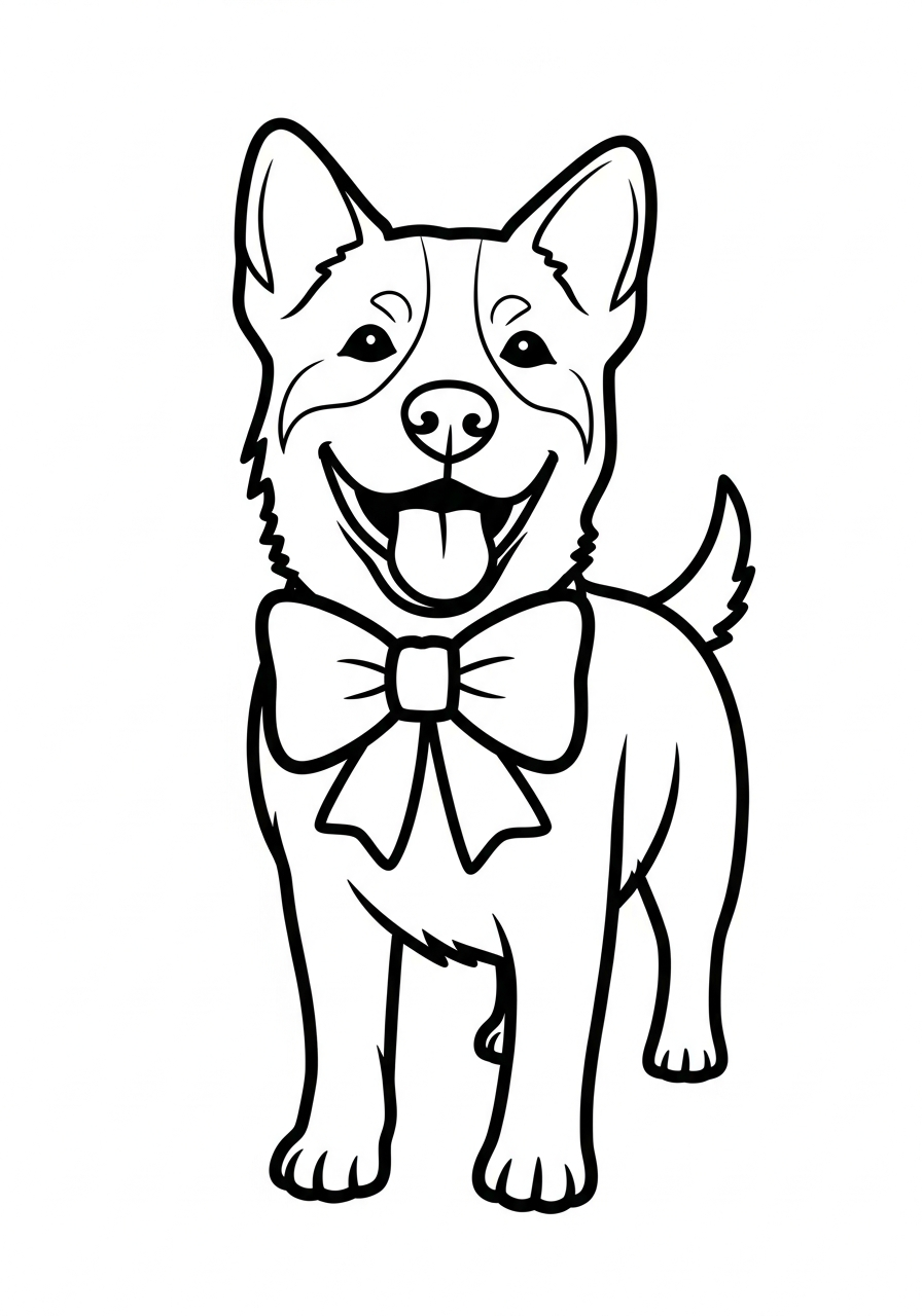 Hond kleurplaat van een hond met een grote strik om zijn nek, klaar om in te kleuren.