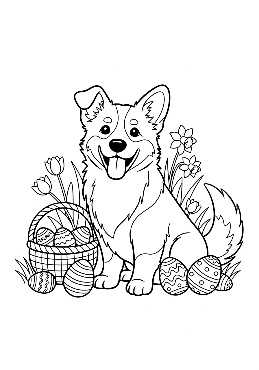 Hond kleurplaat van een hond tussen paaseieren, vrolijk om in te kleuren.
