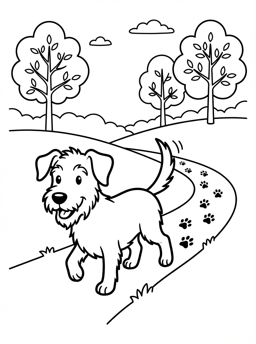 Hond kleurplaat met een hond en pootafdrukken op de grond, leuk om in te kleuren kleurplaat