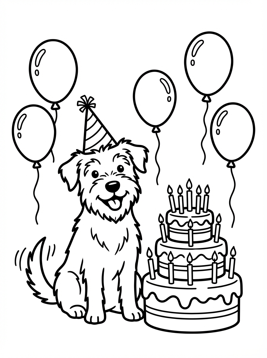 Hond kleurplaat van een hond met een verjaardagstaart en kaarsjes om in te kleuren.