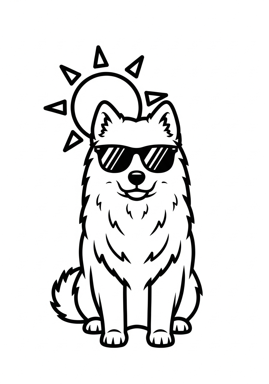 Hond kleurplaat van een coole hond met zonnebril, klaar om in te kleuren.