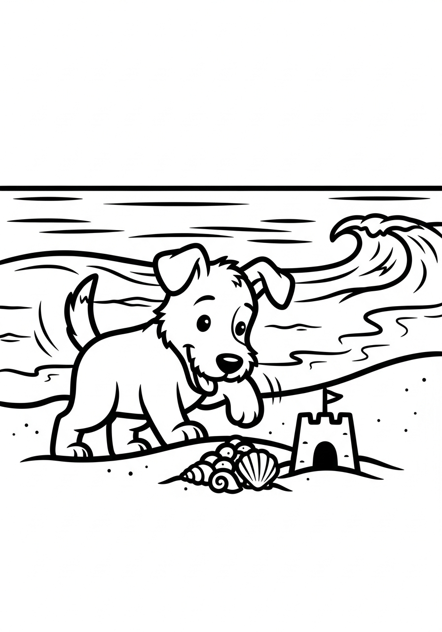 Hond kleurplaat van een hond op het strand met schelpjes en een zandkasteel om in te kleuren kleurplaat