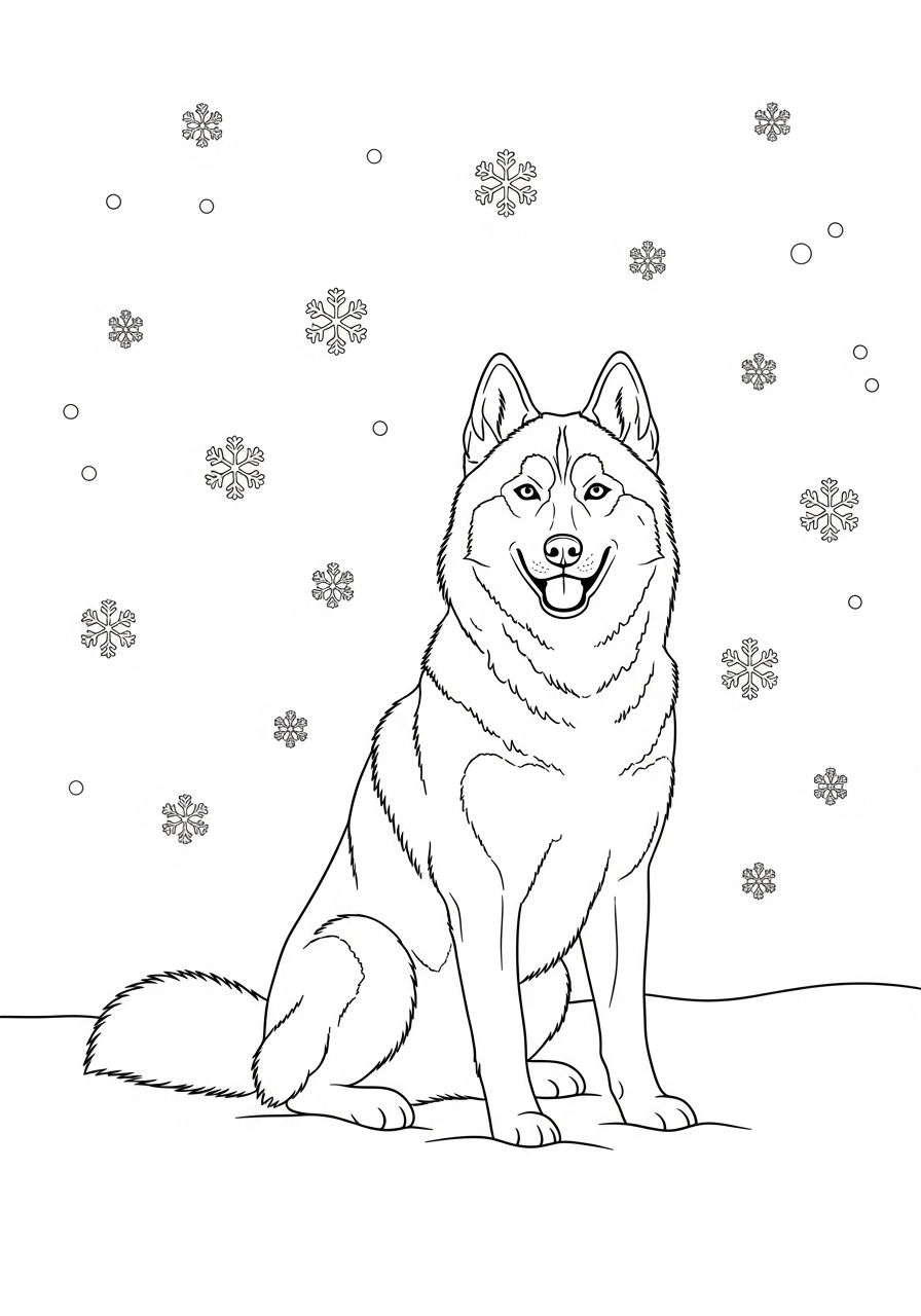 Hond kleurplaat van een husky in de sneeuw met sneeuwvlokken, om in te kleuren kleurplaat