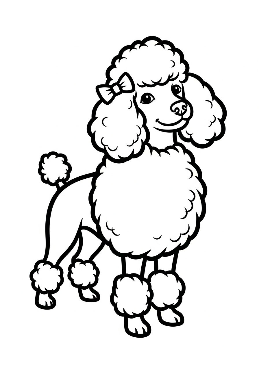 Hond kleurplaat van een poedel met krullende vacht en strik, om in te kleuren.