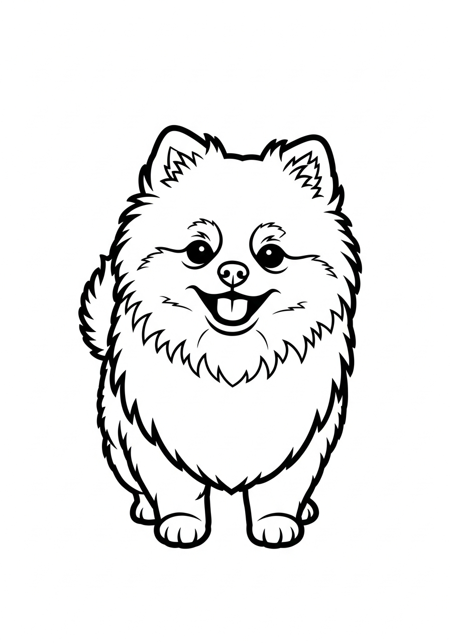 Hond kleurplaat van een pomeranian (dwergkees) als pluizige hond, om in te kleuren kleurplaat