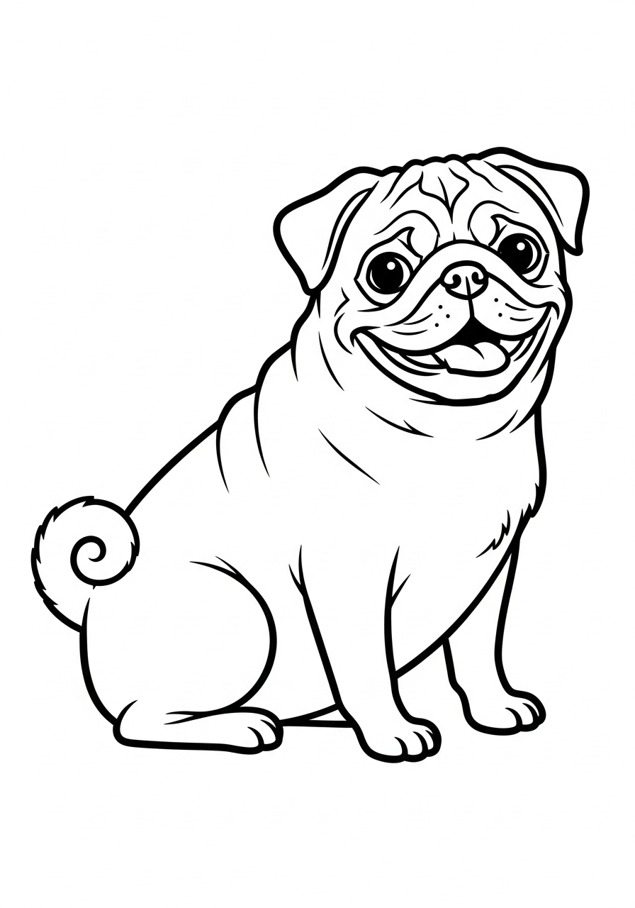 Hond kleurplaat van een mopshond (pug) met rimpels en krulstaart, om in te kleuren kleurplaat