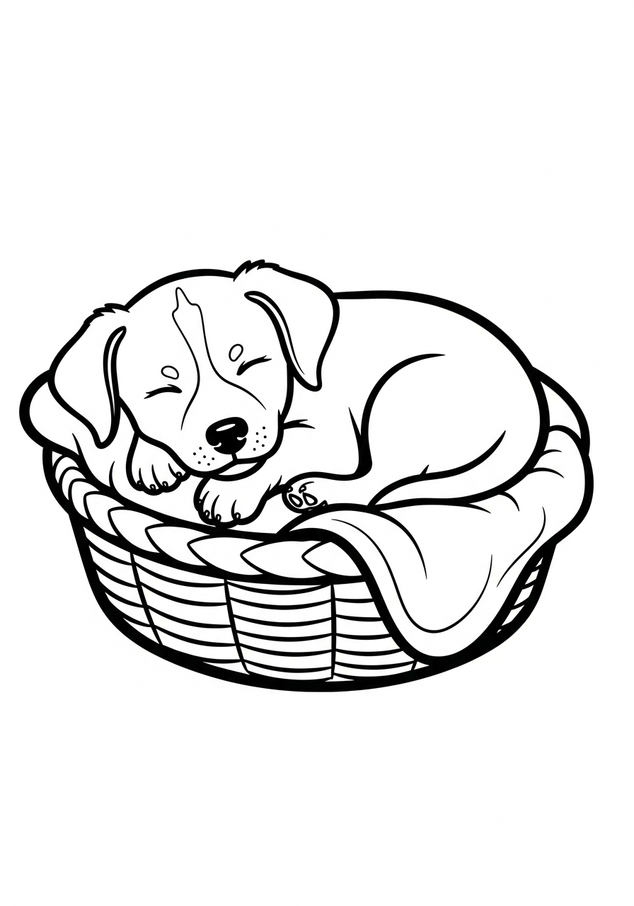 Hond kleurplaat van een schattige puppy die in een mandje ligt, klaar om in te kleuren.