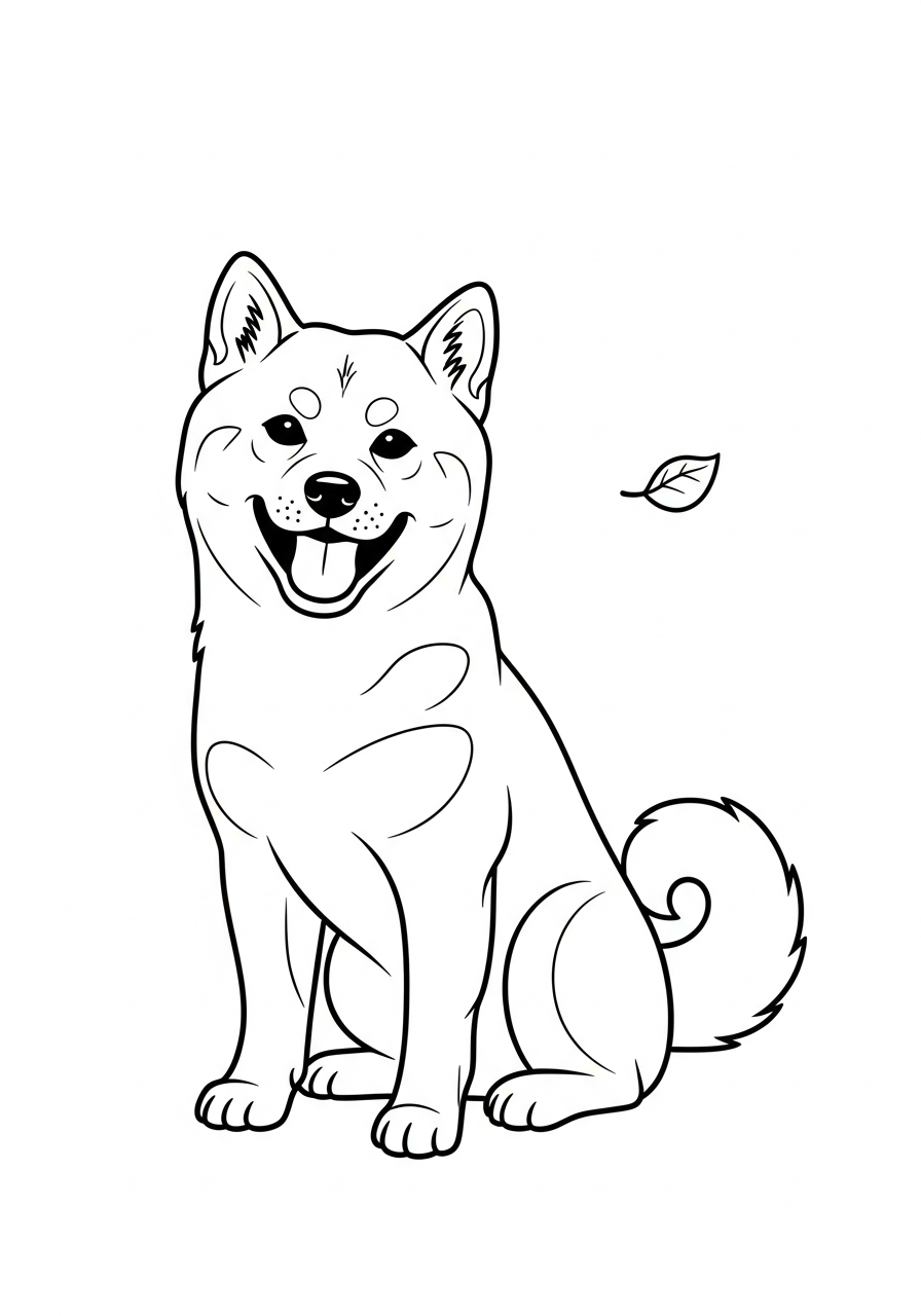 Hond kleurplaat van een shiba inu met krulstaart en vrolijk gezicht, om in te kleuren.