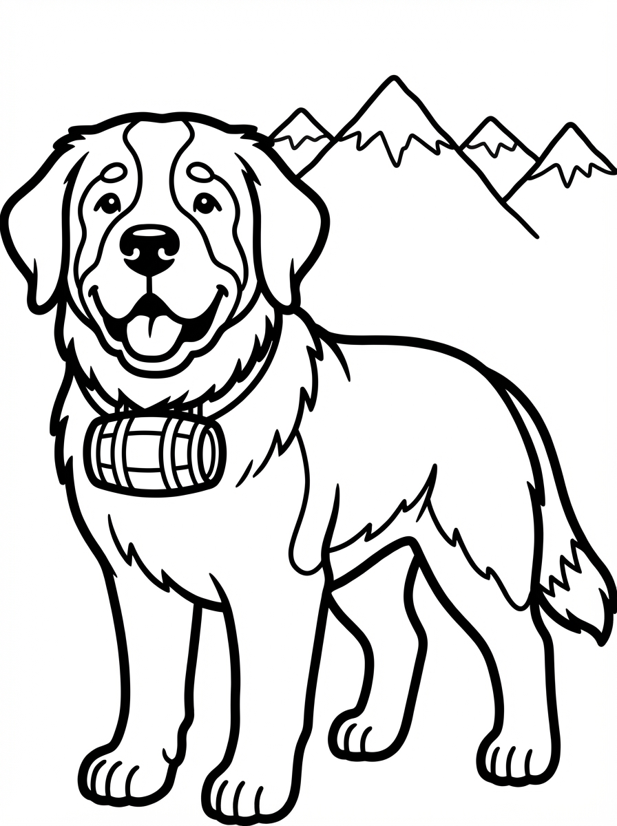 Hond kleurplaat van een sint-bernard met een tonnetje aan de halsband, om in te kleuren.