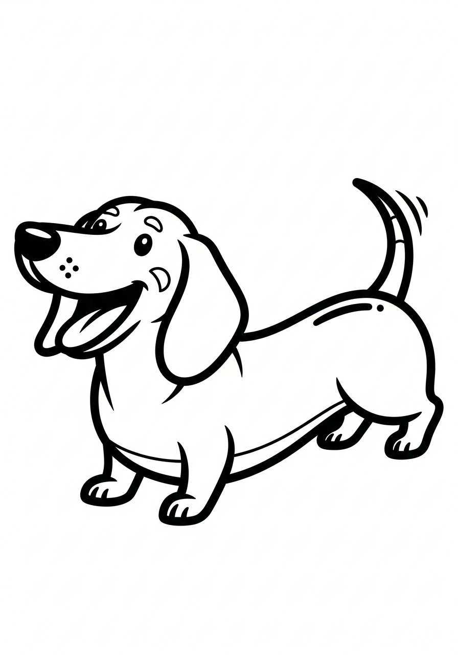 Hond kleurplaat van een teckel met lange rug en korte pootjes, om in te kleuren.