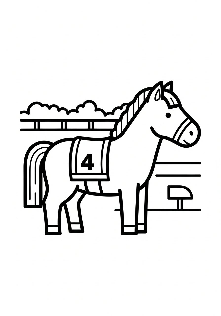 Paarden kleurplaat makkelijk van een paard met een nummerdeken, sportief en eenvoudig te kleuren kleurplaat