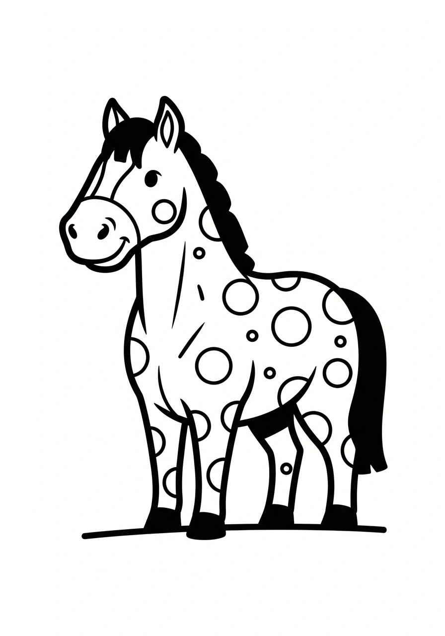 Paarden kleurplaat makkelijk van een paard met stippenvacht, grote vlakken en eenvoudige details kleurplaat