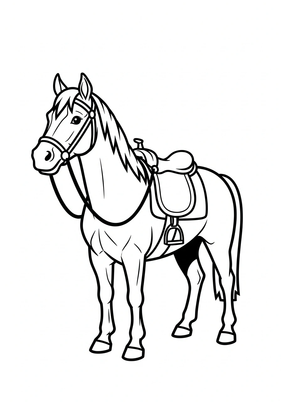 Paarden kleurplaat makkelijk van een paard met zadel en hoofdstel, eenvoudige lijnen en duidelijke vormen kleurplaat