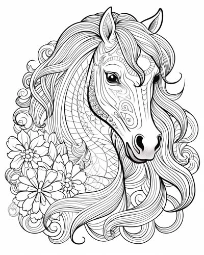 Paarden mandala kleurplaat van een paard met sierlijke patronen en bloemen kleurplaat