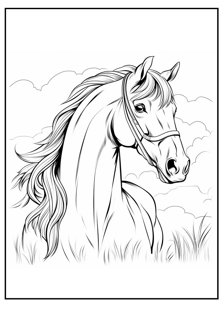 Paarden kleurplaat van een mooi paard met lange manen, wolken en gras