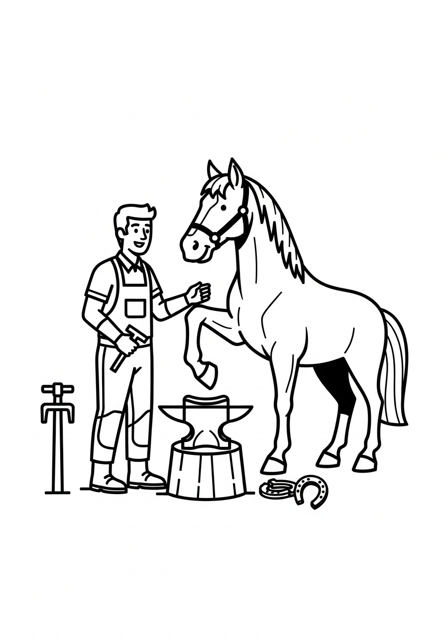 Paarden kleurplaat van een paard bij de hoefsmid met een hoefijzer en gereedschap, kindvriendelijk kleurplaat