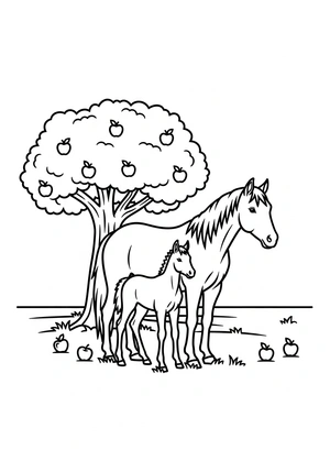 Paard en veulen bij de appelboom kleurplaat