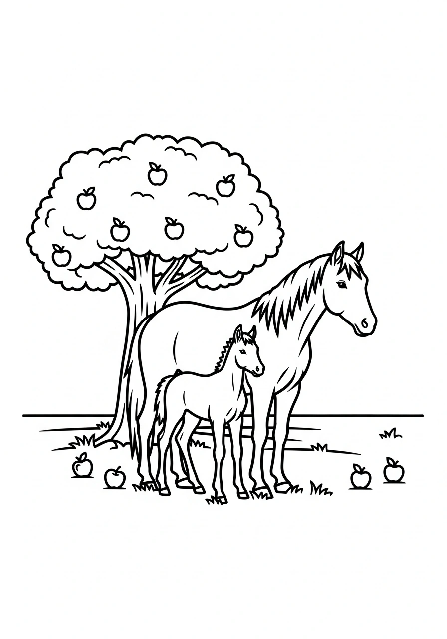 Paarden kleurplaat van een paard met veulen bij een appelboom met appels op de grond, boerderijgevoel kleurplaat