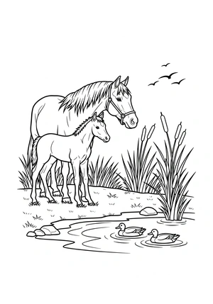 Paard en veulen bij de vijver met eendjes kleurplaat
