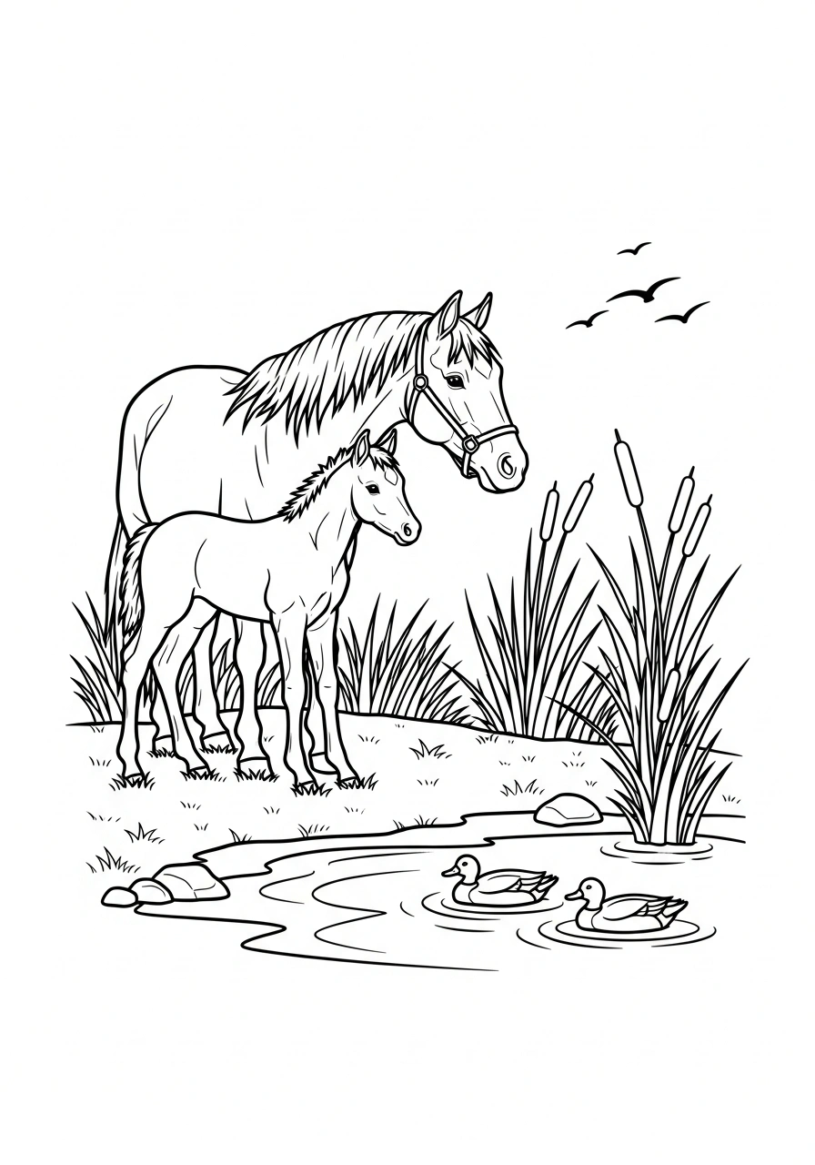Paarden kleurplaat van een paard met veulen bij een vijver met eendjes en riet, rustig en kindvriendelijk kleurplaat