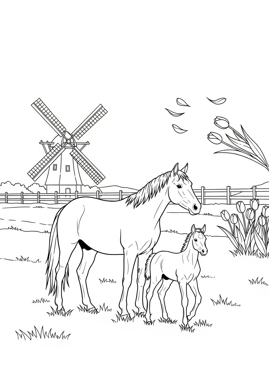 Paarden kleurplaat van een paard met veulen bij een Nederlandse windmolen en een hek in de wei kleurplaat