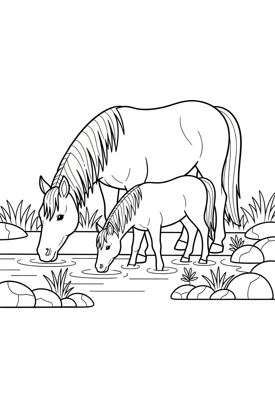 Paarden kleurplaat van een paard met veulen dat drinkt bij een rustige rivier met stenen en riet kleurplaat