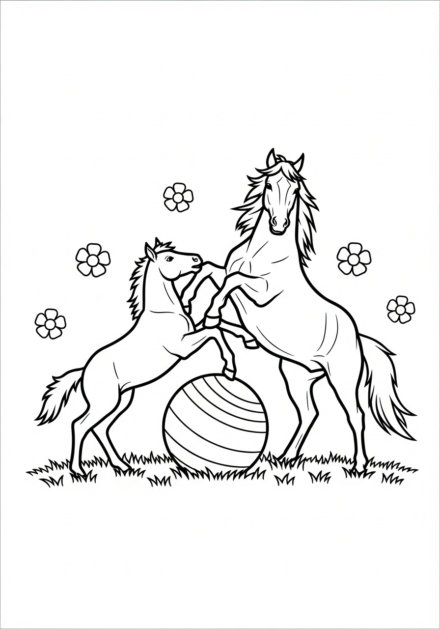 Paarden kleurplaat van een paard met veulen dat samen met een bal speelt in de wei kleurplaat