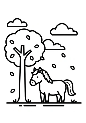 Paard in de herfst met vallende bladeren kleurplaat