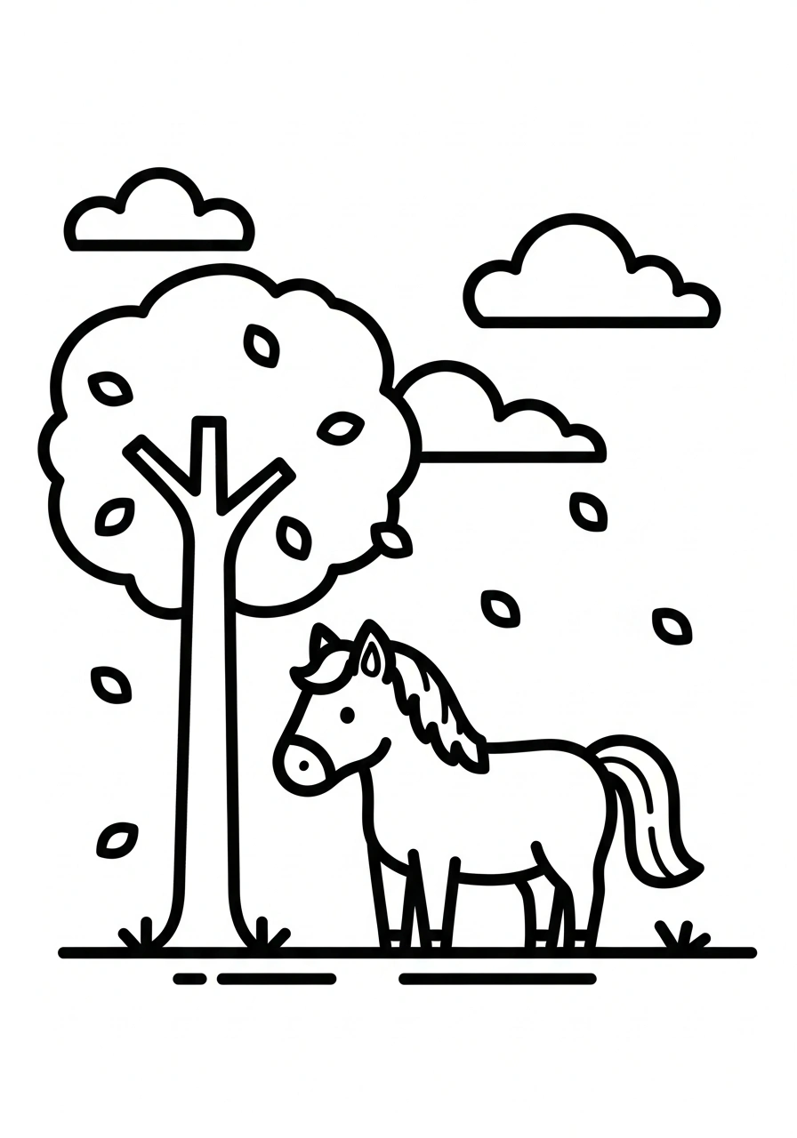 Paarden kleurplaat van een paard in de herfst met vallende bladeren en een boom op de achtergrond kleurplaat