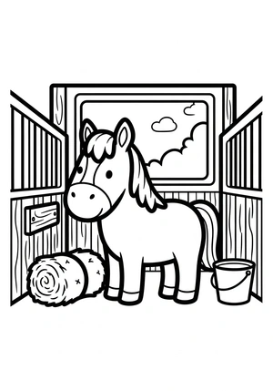Paard in de stal met hooi kleurplaat